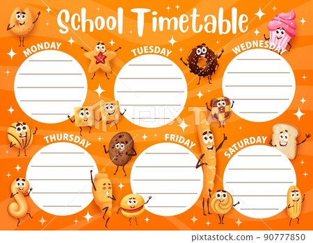 Cookies, desserts and bakery characters timetable schedule. Education school organizer vector template with cartoon baguette, shortbread, cracker and donut, bread toast, muffin or croissant personages 90777850