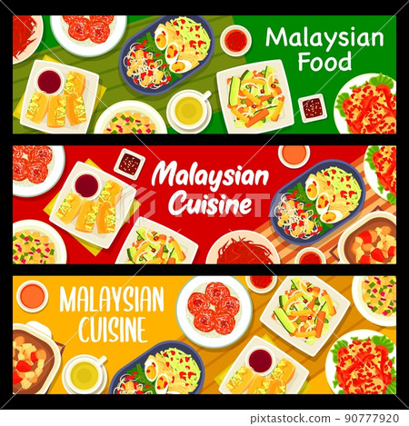 Malaysian cuisine restaurant dishes banners. Boiled eggs Sambal Telur, donuts Kuih Keria and crispy sesame beef, vegetable and cucumber pineapple salad, chicken potato soup Nyonya, Tauhu Sumbat vector 90777920