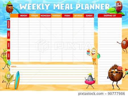 Weekly meal planner, cheerful nuts characters on summer beach, vector schedule. Food plan for week or calendar menu check and shopping list. Cartoon coconut, bean and pistachio, almond and peanut Weekly meal planner, cheerful nuts characters on summer beach, vector schedule. Food plan for week or calendar menu check and shopping list. Cartoon coconut, bean and pistachio, almond and peanut 90777986