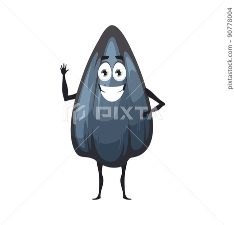Cheerful sunflower seed character, vector cartoon food personage. Sunflower seed with cute happy funny face, yummy snack or emoji with kawaii smile, kids comic character 90778004