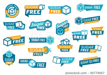 Sugar free icons and labels, zero sweet food and product vector signs. Low or 100 percent no added sugar icon and tags for low calorie natural sweet food and sugar free healthy eating Sugar free icons and labels, zero sweet food and product vector signs. Low or 100 percent no added sugar icon and tags for low calorie natural sweet food and sugar free healthy eating 90778067