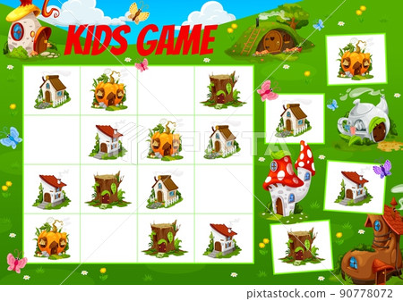 Sudoku game worksheet with vector stump, stone, pumpkin and wooden roof cartoon houses. Kids education block puzzle or quiz on green grass background with fairy dwellings and hut of gnome and elf Sudoku game worksheet with vector stump, stone, pumpkin and wooden roof cartoon houses. Kids education block puzzle or quiz on green grass background with fairy dwellings and hut of gnome and elf 90778072