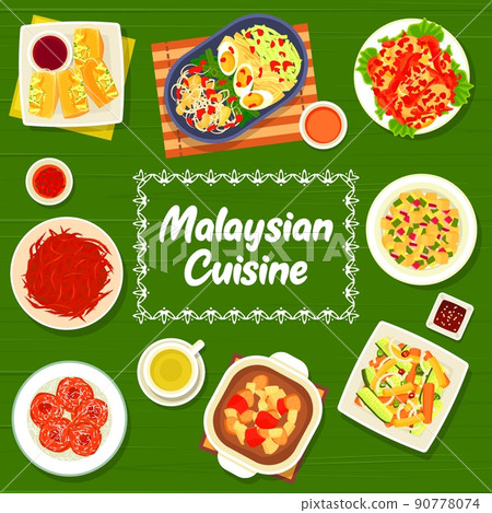 Malaysian food restaurant vegetable and meat meals menu cover. Tofu Tauhu Sumbat, chicken potato soup Nyonya and sesame beef, Gado Gado and Kerabu Timun salad, Sambal Telur, Kuih Keria donut vector Malaysian food restaurant vegetable and meat meals menu cover. Tofu Tauhu Sumbat, chicken potato soup Nyonya and sesame beef, Gado Gado and Kerabu Timun salad, Sambal Telur, Kuih Keria donut vector 90778074