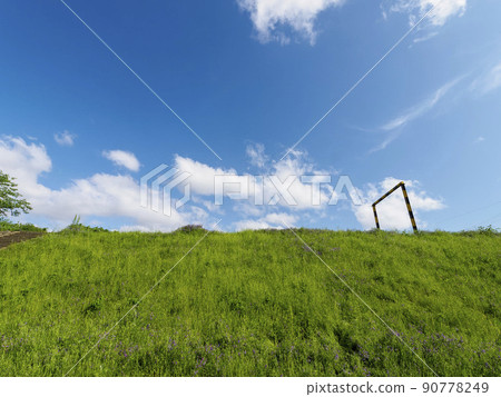 新鮮的綠色堤防和藍天風景 90778249