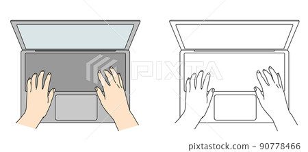 敲擊筆記本電腦按鍵的雙手鳥瞰圖素材圖 90778466