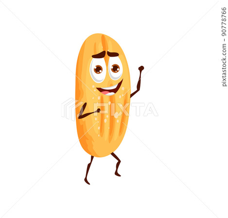 Crispy bread cartoon character. Funny sweet bun, wheat loaf or freshly baked bread cute and excited vector personage, food cute isolated character with happy smiling face expression Crispy bread cartoon character. Funny sweet bun, wheat loaf or freshly baked bread cute and excited vector personage, food cute isolated character with happy smiling face expression 90778766