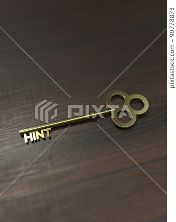 提示：金鑰匙放在桌子上 3D 插圖垂直 90778873