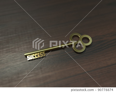 成功：金鑰匙放在桌子上，旁邊是 3D 插圖 90778874