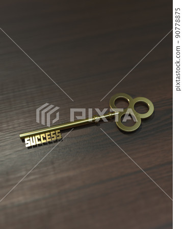 成功：金鑰匙放在桌子上 3D 插圖垂直 90778875