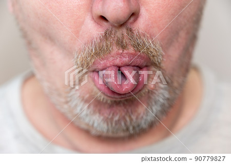 The lower part of a male face. Mature man with stubble has his tongue twisted into a tube, grimacing. Gray hair on his beard and mustache. Man wriggling in front of camera. Close-up. Selective focus. 90779827