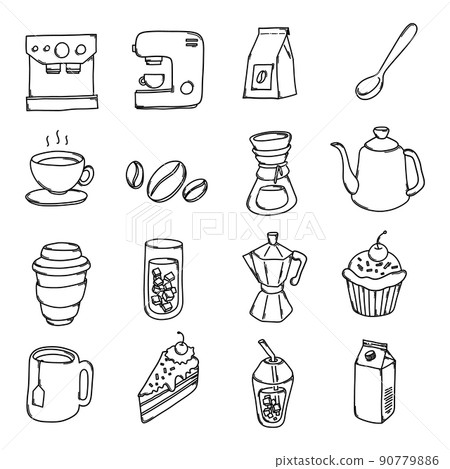 Coffee Doodle vector icon set. Drawing sketch... - Stock Illustration ...