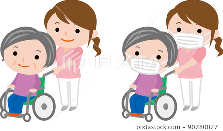 Female caregiver pushing grandmother's wheelchair - Stock Illustration ...