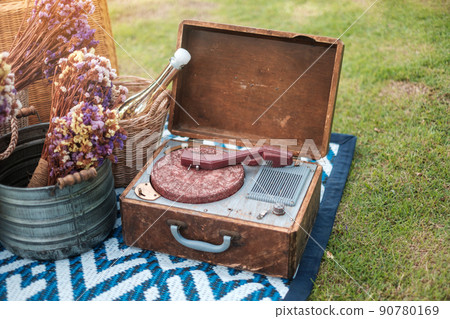picnic set in the park near river, dried flowers, baskets wine bottle, book and retro gramophone vinyl record. Summer, spring and vacation concept 90780169
