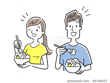 矢量圖素材：男人和女人吃健康的飯菜 90780655