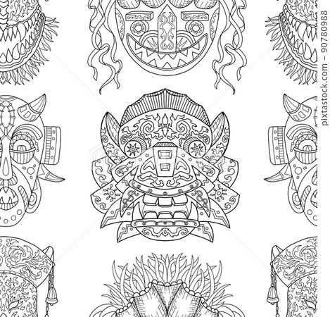 Seamless pattern with black and white ethnic african and asian masks, doodle hand drawn illustrations  90780988