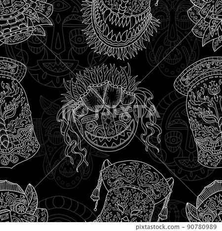 Seamless pattern with black and white ethnic african and asian masks, doodle hand drawn illustrations  90780989