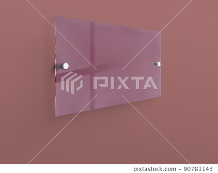 Blank pink transparent rectangle glass office corporate on rose background Signage plate Mock Up Template, Clear Printing board for branding, logo. Acrylic advertising signboard mockup side view. 90781143