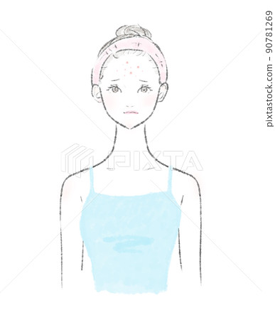 Illustration of a woman with acne on her forehead 90781269