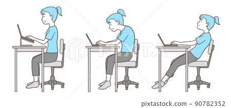 Woman doing desk work in correct posture, bad posture (stoop, sacral sitting), sideways, simple colors 90782352