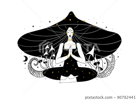 Meditating mushroom girl, concept of microdosing, drug trip, microdosing with fly agarics. Woman in mushroom hat in lotus position, relaxation and balance of mind. Sketch vector illustration with hand 90782441