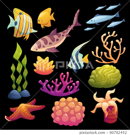 Sea tropical fish, coral, star cartoon vector set Sea tropical fish, coral, star cartoon vector set 90782452