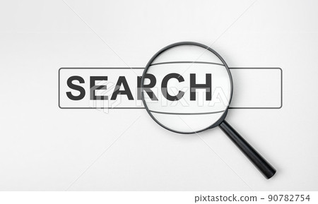 Magnifying glass with search bar on white background. Magnifier glass with search bar icon for SEO or Search Engine Optimisation wording concept. 90782754