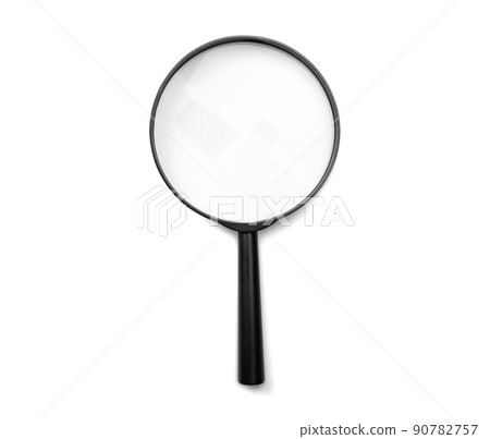 Magnifying glass black color isolated on white. Research, searching or investigating something. top view. Black Magnifying glass with soft shadow on white 90782757