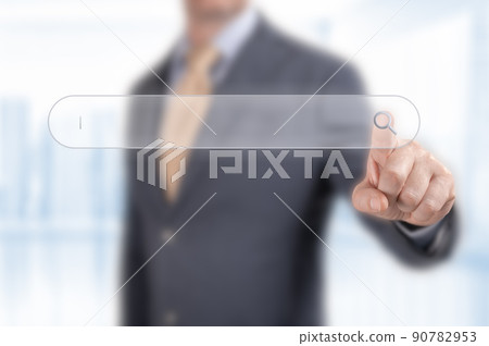 Man touch search button. Searching Browsing Internet Data Information Networking Concept, Business man clicking internet search page on touch screen, copy space Man touch search button. Searching Browsing Internet Data Information Networking Concept, Business man clicking internet search page on touch screen, copy space 90782953