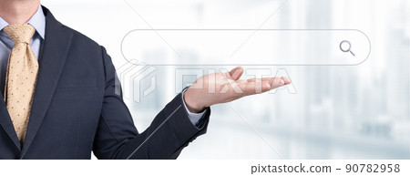 buisnessman hand show button of blank search bar screen background, business and technology concept, web banner, Search engine optimize concept 90782958