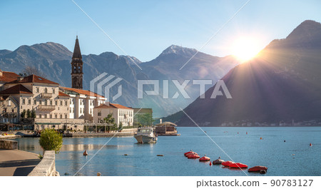 Historic town of Perast at Bay of Kotor in summer, Montenegro. Historic city of Perast in the Bay of Kotor in summer at sunset 90783127