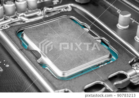 modern cpu, installed in motherboard, rising cost and shortage of chips concept, technological computer background modern cpu, installed in motherboard, rising cost and shortage of chips concept, technological computer background 90783213