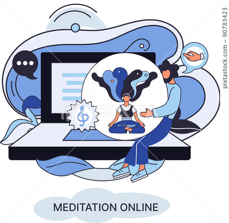 Meditation online metaphor. Practicing yoga, mental exercises. Wellness practice to restore peace of mind Meditation online metaphor. Practicing yoga, mental exercises. Wellness practice to restore peace of mind 90783423