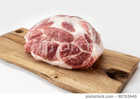 Raw pork on cutting board. Raw meat. Raw pork meat - neck or belly. Piece of fresh red meat on Butchery, market. isolated on white background Raw pork on cutting board. Raw meat. Raw pork meat - neck or belly. Piece of fresh red meat on Butchery, market. isolated on white background 90783640
