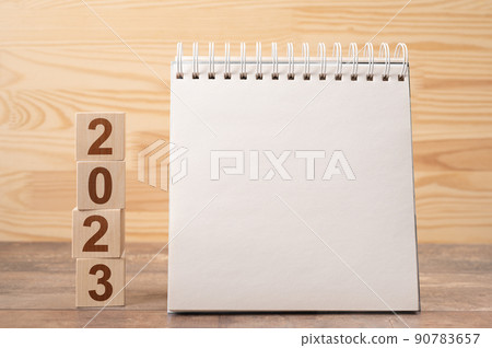 2023 time for new start. Plan words and 2023 cubes wooden table background. New Year. Calendar desk 2023 for organizer to plan and reminder on wooden background 90783657