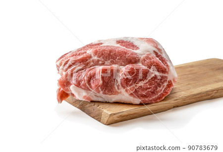 fresh pork, large piece of raw pork meat on wooden cutting board. image for Butchery, butcher shop. Raw pork meat neck or belly. Fresh meat on cutting board. 90783679