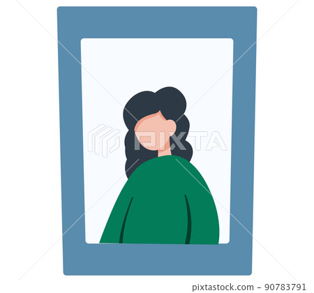 Female portrait in blue frame, photography or painting, dark-haired girl on white background 90783791