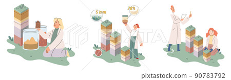 Soil analysis and earth pollution or structure control. Scientist measuring ground levels status metaphor 90783792
