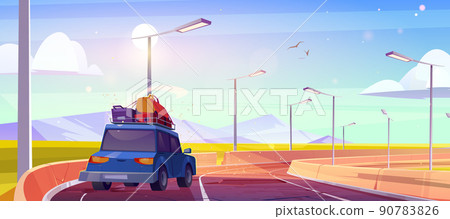 Car with luggage on roof drive on old broken road Car with luggage on roof drive on old broken road 90783826