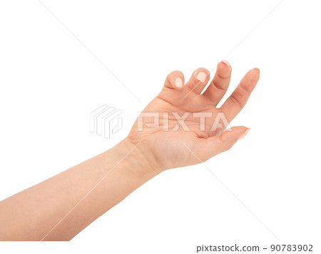 beautiful female hand with mature skin, open palm up. an empty space for an object held by a woman's hand. woman's hand in relaxed pose with the open palm up 90783902
