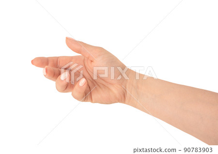 beautiful female hand with mature skin, open palm up. an empty space for an object held by woman's hand. hold, grab or catch 90783903