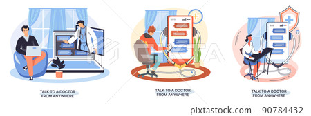 Online medical services metaphor, consultations website and mobile applications, talk to doctor from anywhere 90784432