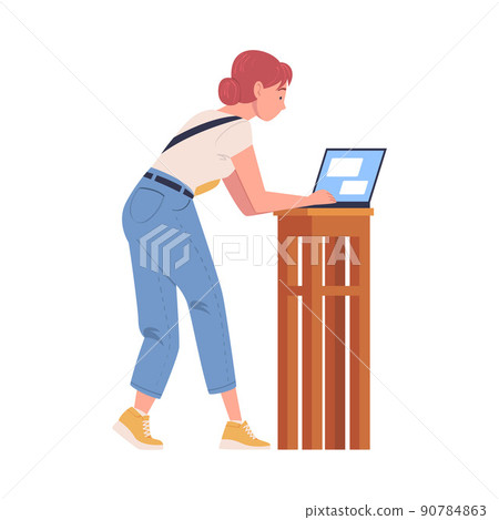 Woman Character Working at Laptop Rested on Stool Vector Illustration 90784863