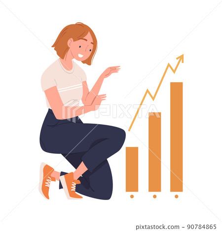 Woman Character Working Sitting Near Chart with Growing Bars Vector Illustration 90784865