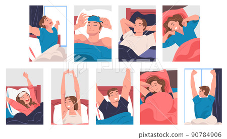 People Character Waking Up Feeling Happy Stretching Out in Bed Getting Up in the Morning Vector Set 90784906