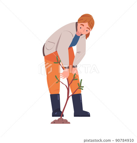 Woman Character Planting Tree Sapling in Soil Taking Care of Planet and Nature Vector Illustration 90784910