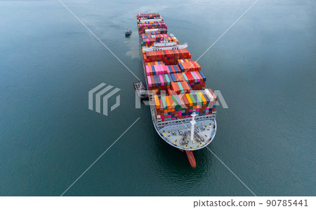 Arial view by drone camera transportation logistics and container dock cargo yard with working crane bridge in shipyard with transport logistic import export with blue sky background. 90785441