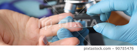 Laboratory worker taking blood from female finger for investigation Laboratory worker taking blood from female finger for investigation 90785476