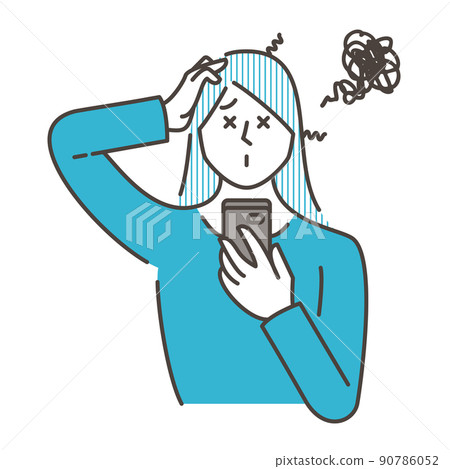 一個帶著煩惱的表情看著她的智能手機的女人[矢量插圖素材] 90786052