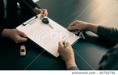 The car dealer provides advice on loans, insurance details, and car rental information, and delivers the car with the keys after the rental contract is signed 90788796