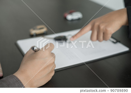 The car dealer provides advice on loans, insurance details, and car rental information, and delivers the car with the keys after the rental contract is signed 90789890